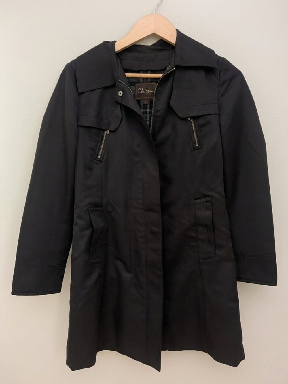 Cole Haan Women's Black Trench Coat with Plaid Wool Blend Liner Size 4